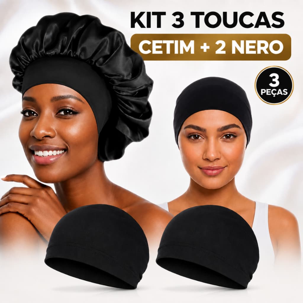 Kit Touca de Cetim com Faixa + 2 Touca Nero Original com Barra