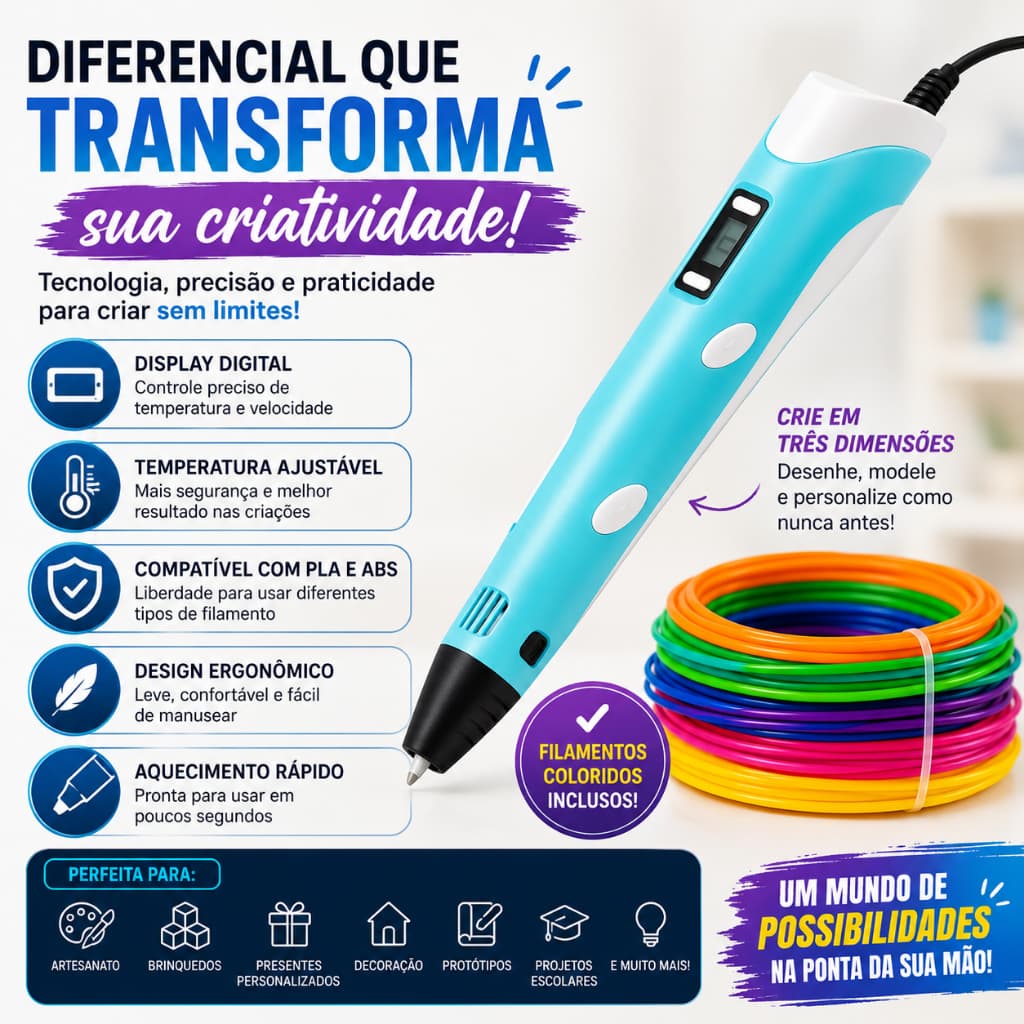 Caneta 3D Kit Completo com Filamentos Coloridos Impressora ABS Para Desenho Modelagem Artesanato