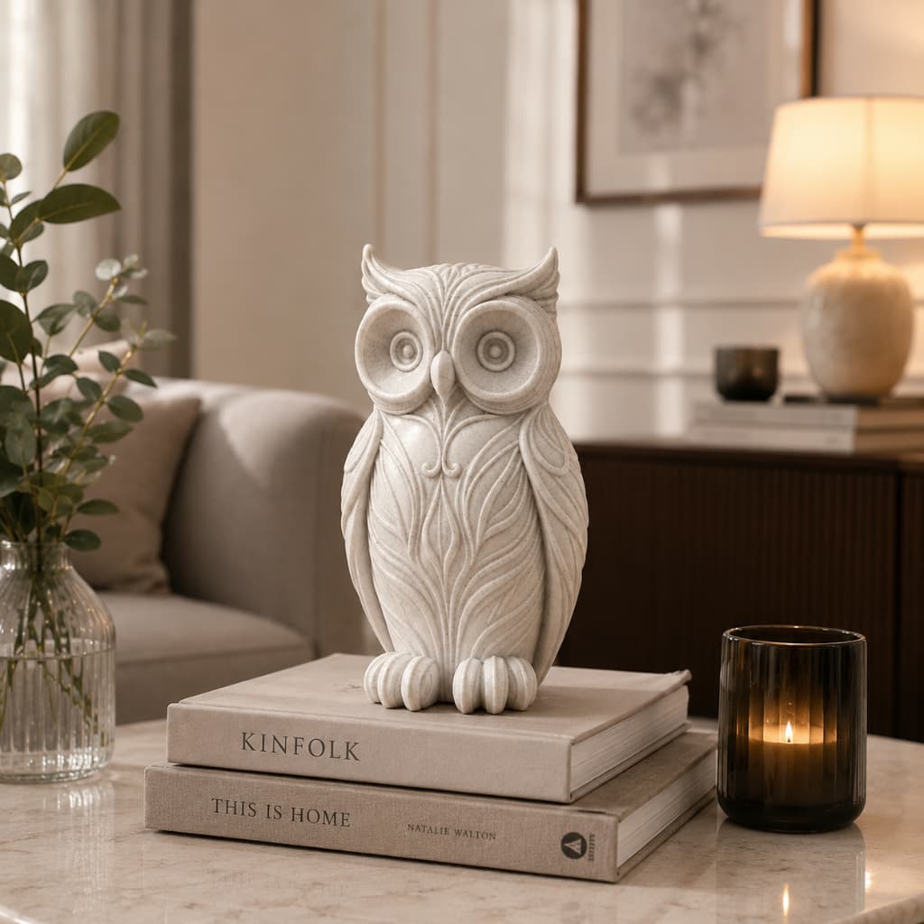 Escultura Coruja Decorativa 22cm em Resina Premium | Estilo Moderno Branco Mármore ou Preto | Decoração Sofisticada