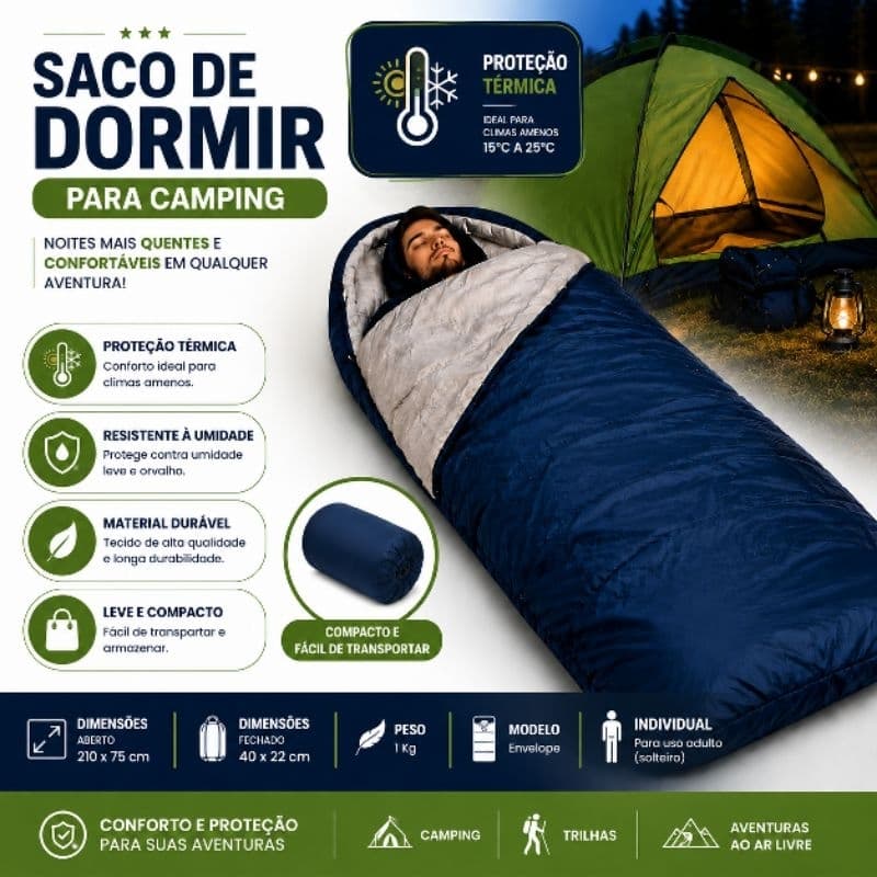 Saco de Dormir para Camping, Proteção Térmica, Dobrável, Portátil, Impermeável com Bolsa de Transporte, Uso Adulto