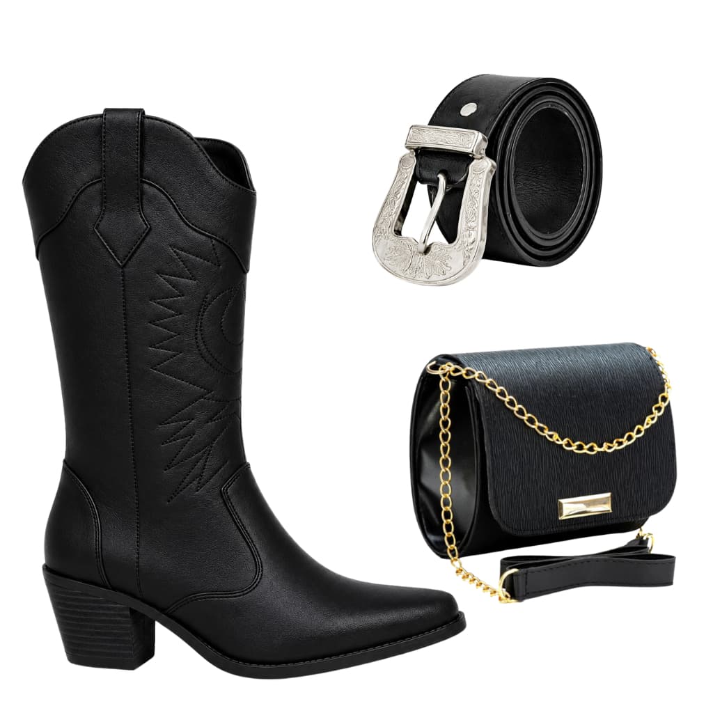 Bota Feminina Texana Bordada Western Salto Médio Cano Médio + Cinto Rodeio + Bolsa