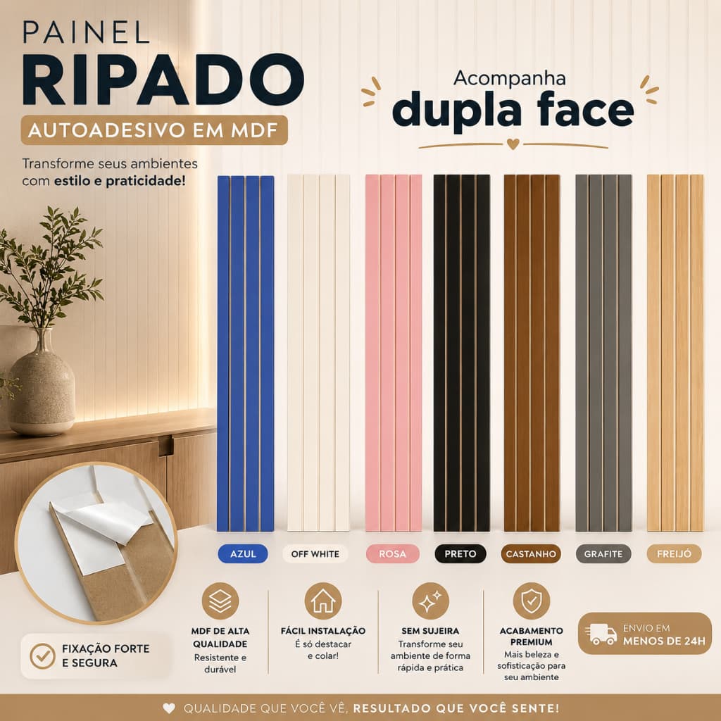 KIT ATÉ 40 PLACAS Painel Ripado Autoadesivo em MDF 45x11cm Parede Decorativa