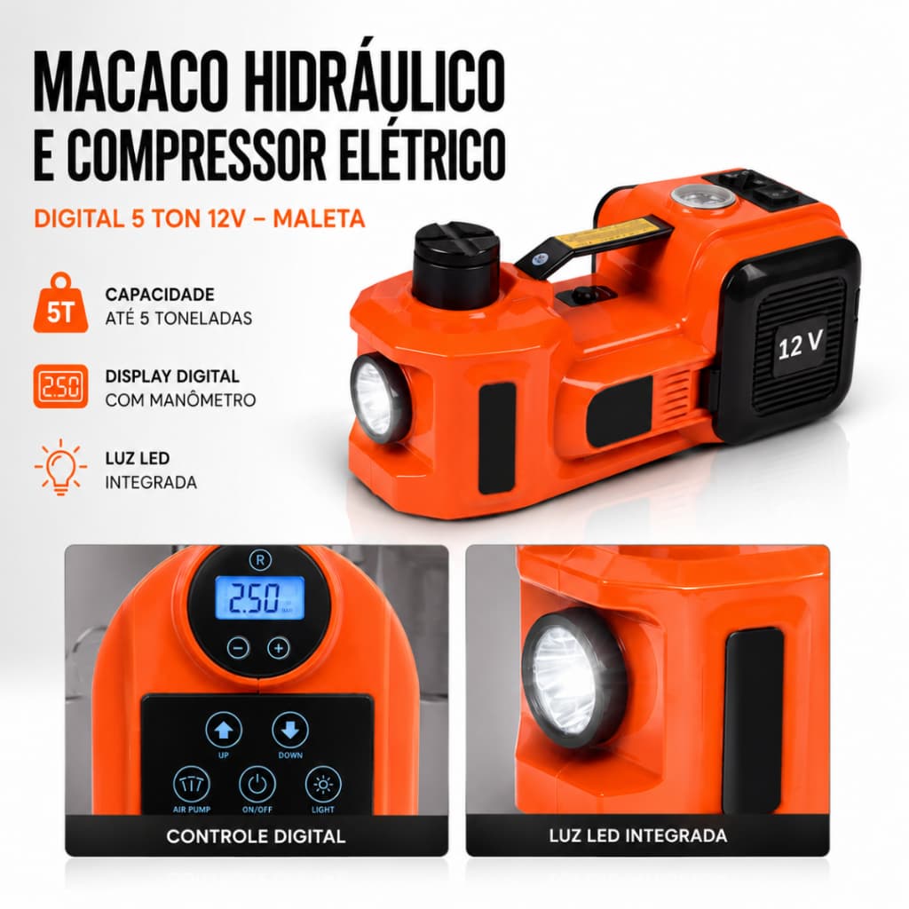 MACACO HIDRAULICO E COMPRESSOR ELETRICO 5 TON 12V MALETA