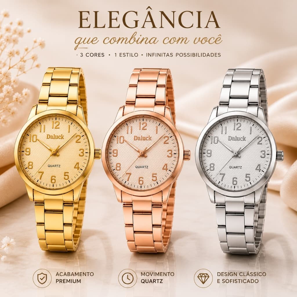 Kit 3 Relógios Femininos Daluck Dourado Prata e Rosê Analógico Quartz Elegante Social Casual
