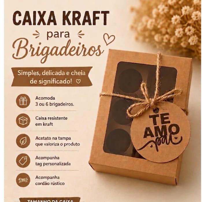 Caixa para 6 Brigadeiros Kraft com Visor em Acetato e Tag Personalizada|Embalagem para Doces, Lembrancinhas/com 5 caixas