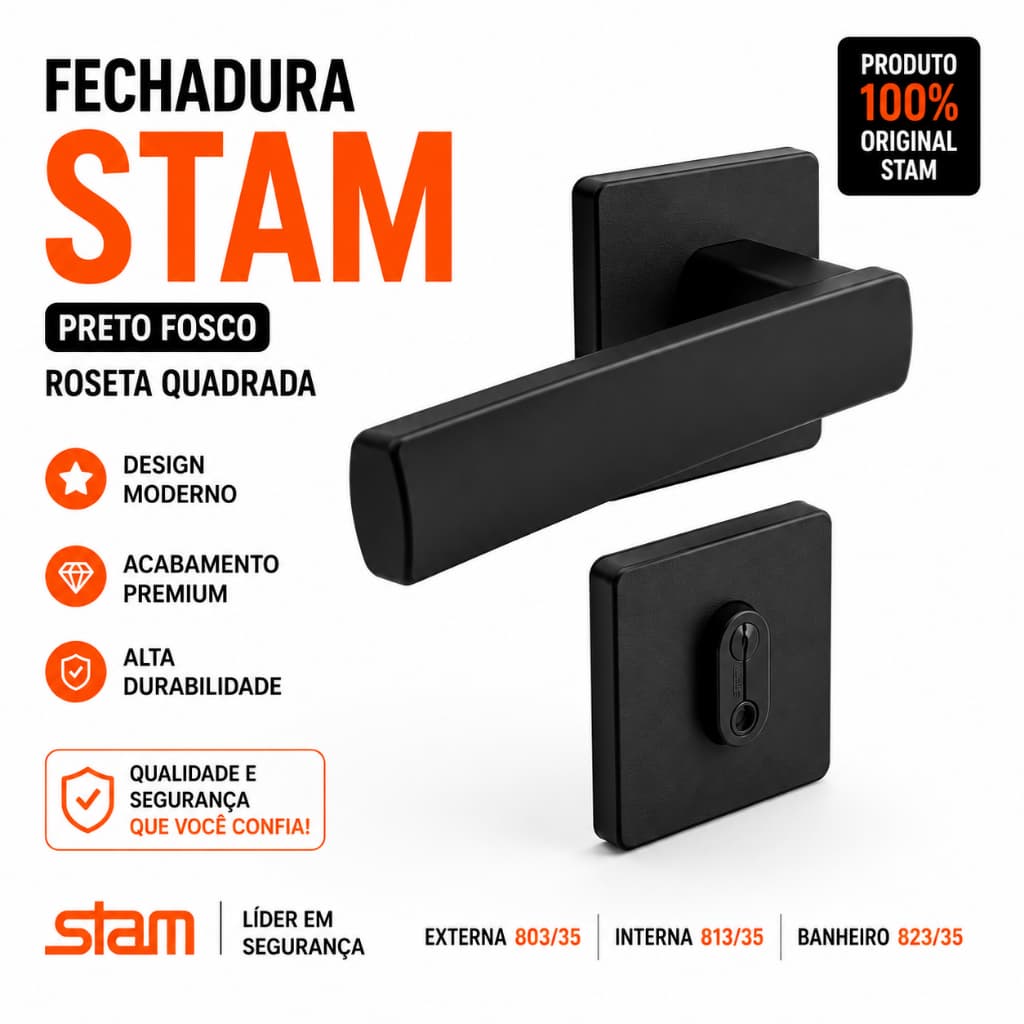 Fechadura Para Porta de Madeira Stam 803/35 Preto Fosco Roseta.Escolha:Interna, Externa ou Banheiro