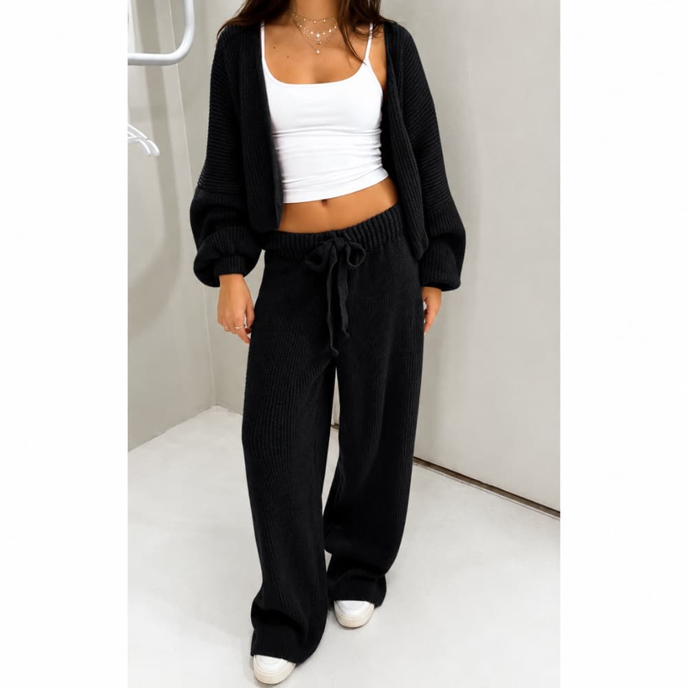 Conjunto Feminino Tricot Premium Mousse - Calça + Casaco Cardigan | Calça Com Amarração  + Casaquinho Aberto