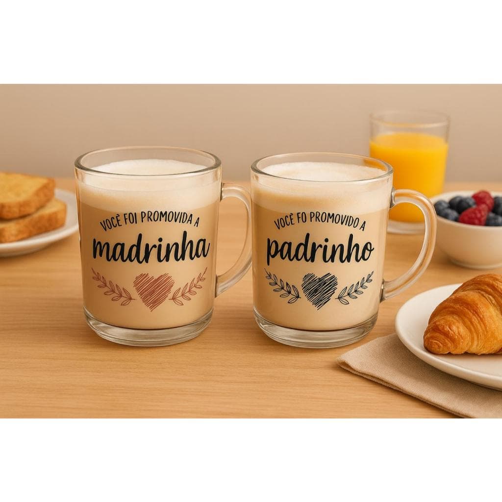 Kit Jogo De 10 Xicaras Canecas De Vidro Decorado De 230ml Sendo 5 Madrinha E 5 Padrinho