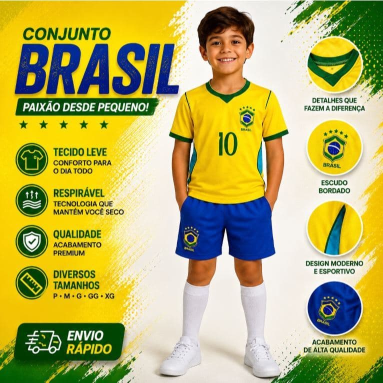 Conjunto Infantil Menina Menino Brasil World Cup 2026 Amarelo & Azul Modelo Torcedor Dryfit Queima de Estoque !