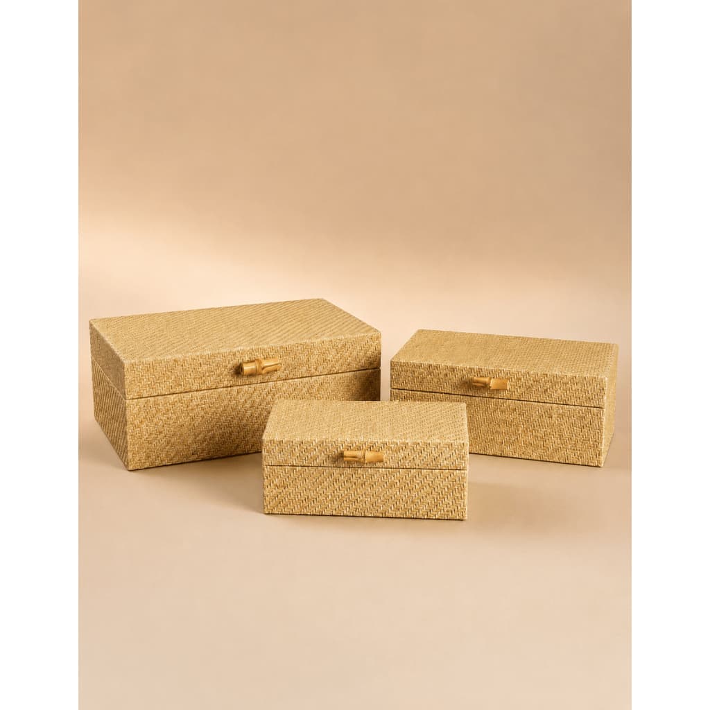 Kit Caixas Decorativas em Fibra Natural com Detalhe Bambu