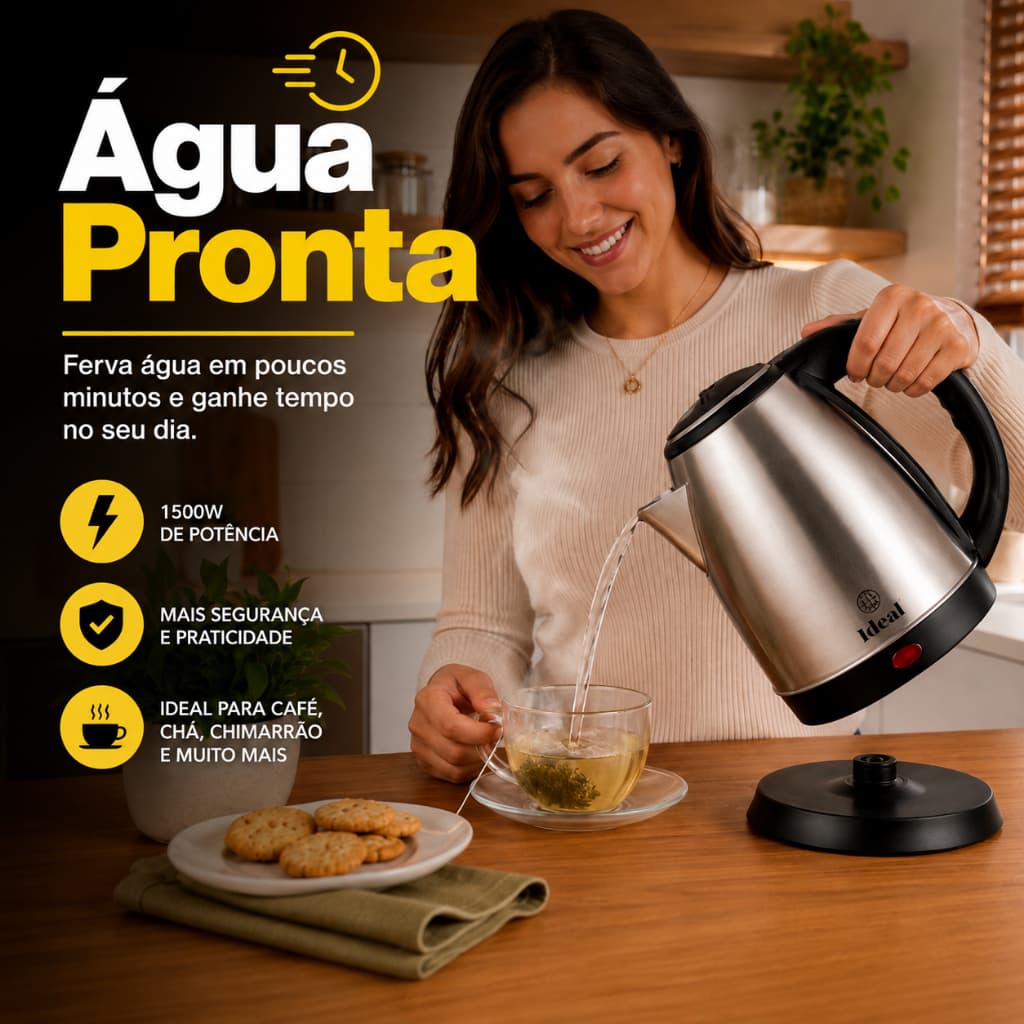 Chaleira Elétrica 1,8L 1500W 220V Inox Ideal Base 360° Desligamento Automático Aço Inoxidável