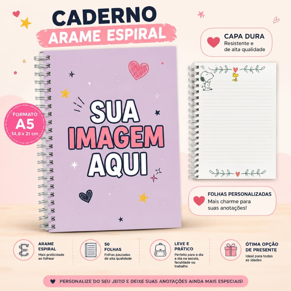 Caderno Personalizado A5 Capa Dura com Arame Espiral | Sua Imagem na Capa | 50 Folhas Personalizadas