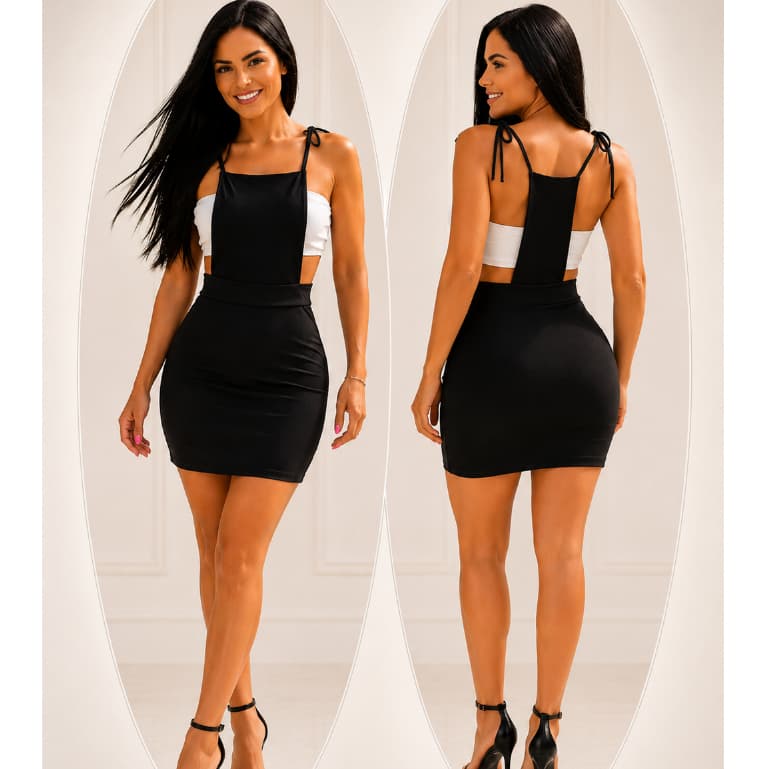 Jardineira Feminina Suplex Premium Saia Curta Moda Blogueira Elegante Cintura Alta