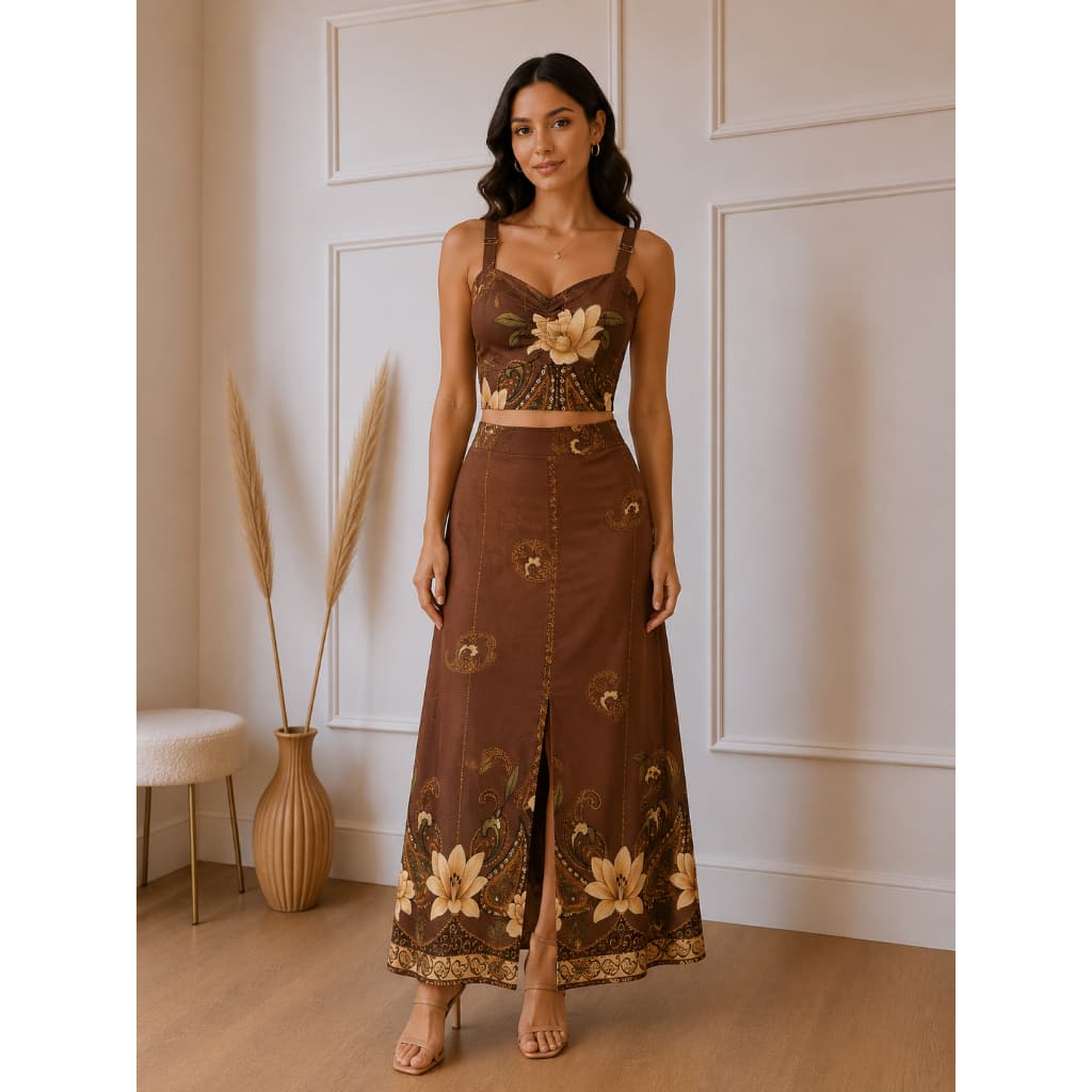 Conjunto Saia Longa E Cropped Em Viscolinho Forrado Lindo