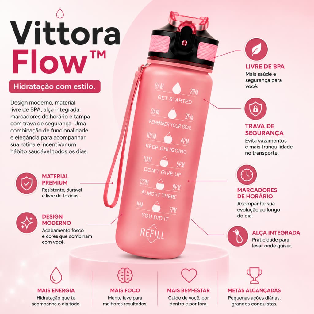 Garrafa de Água Motivacional Vittora Flow™ com Horários Tampa Antivazamento BPA Free
