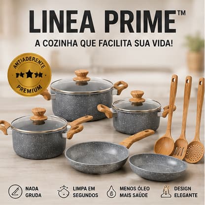 Kit Panelas Antiaderente Linea Prime™ 4 Peças com 3 Utensílios | Não Gruda | Fácil de Lavar | Cozinha Moderna
