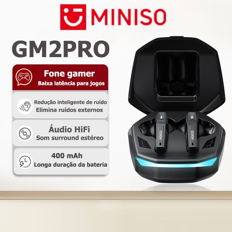 Garantia de 1 ano Fone Gamer Bluetooth MINISO GM2PRO, Bluetooth 5.3, baixa latência, som HiFi e resistência à água IPX5