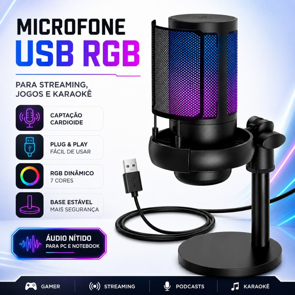 Microfone Gamer USB RGB Condensador Cardioide 192kHz Para Streaming PC PS4 PS5 Gravação Karaokê Plug & Play