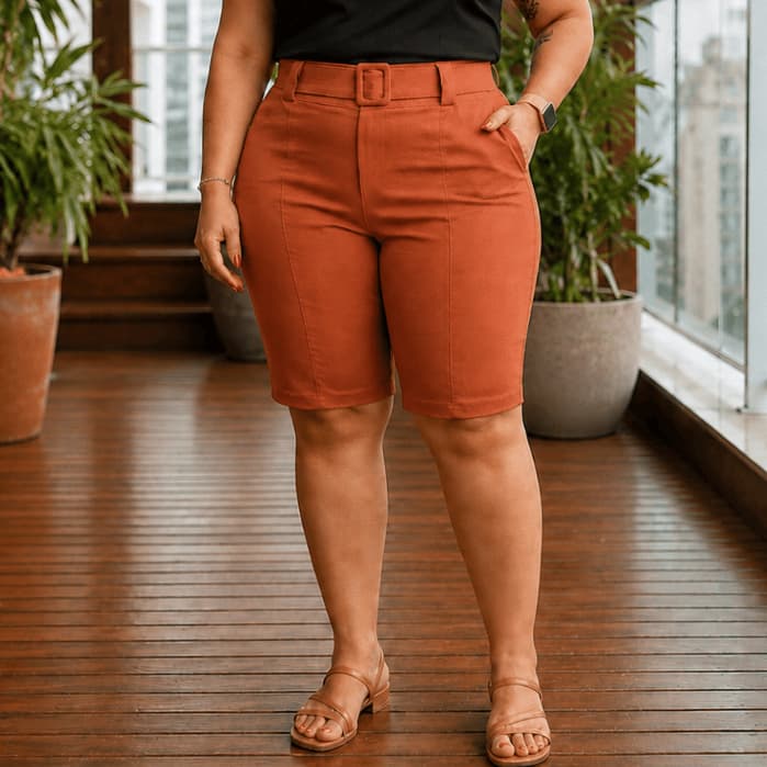 Bermuda Social Feminina Plus Size Com Cinto Fivela Tecido Bengaline Cintura Alta Alfaiataria 42 ao 52