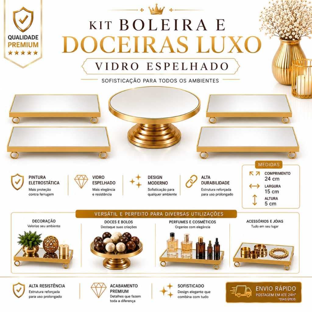 Kit Festa Boleira e Doceiras 5 Peças Luxo Dourada Premium Decoração