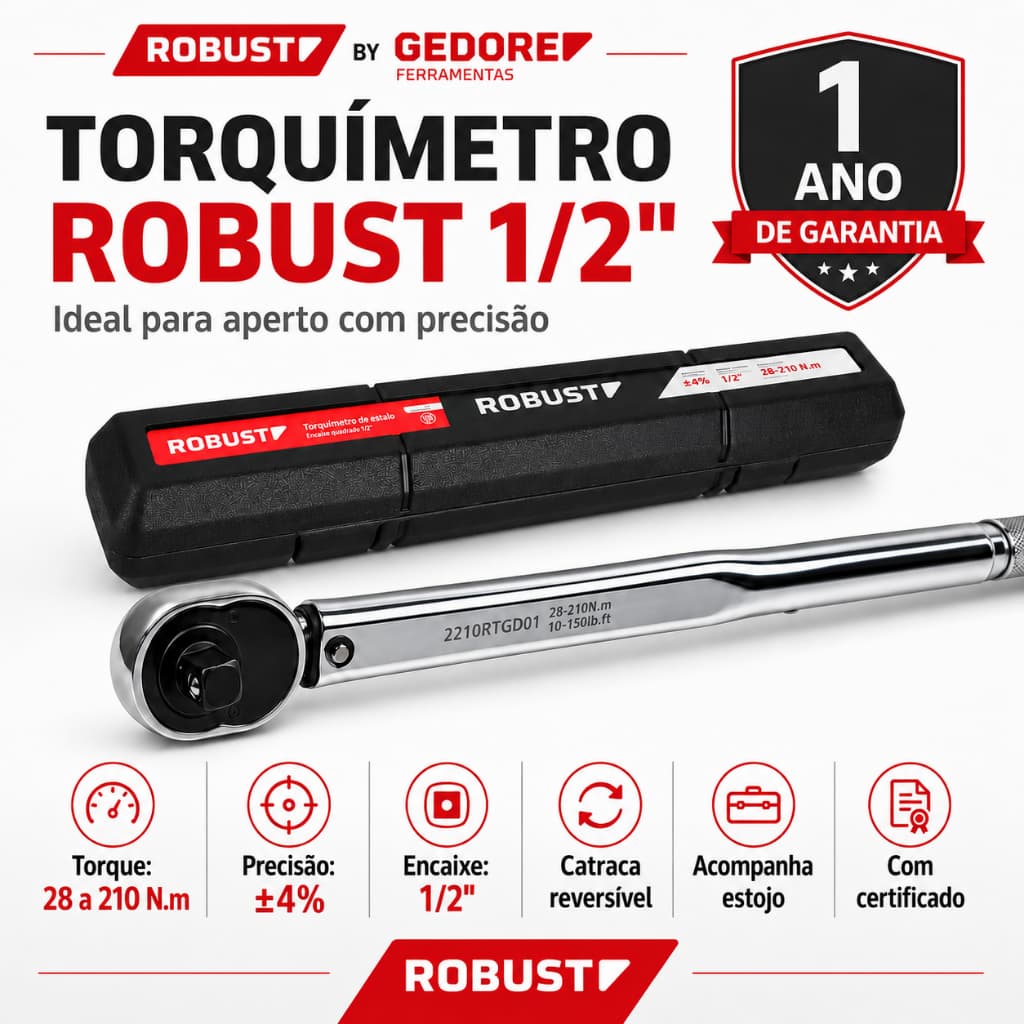 TORQUIMETRO DE ESTALO 28-210 N.m 2.8 A 21kg Gedore Robust S68900210 OFICINA PROFISSIONAL KIT MALETA FERRAMENTA