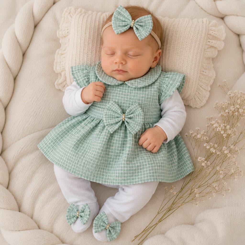 Macacão Vestido Menina Bebê Confortável com Laço de Cabelo - Modelo Bia