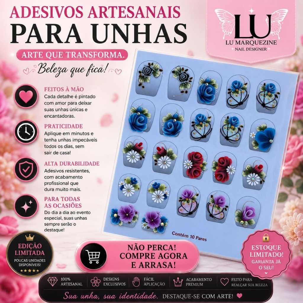 20 Adesivos 100% Artesanais Unhas Lindas Joias Pedrarias Strass cartelão luxo com 20