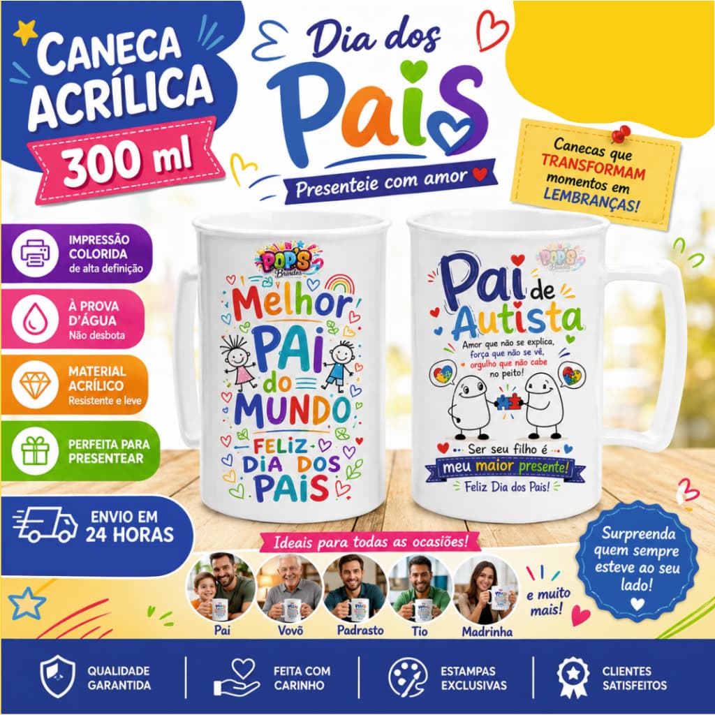 Kit 50 Canecas Acrílica 300ml Pesonalizada dia dos Pais 2026