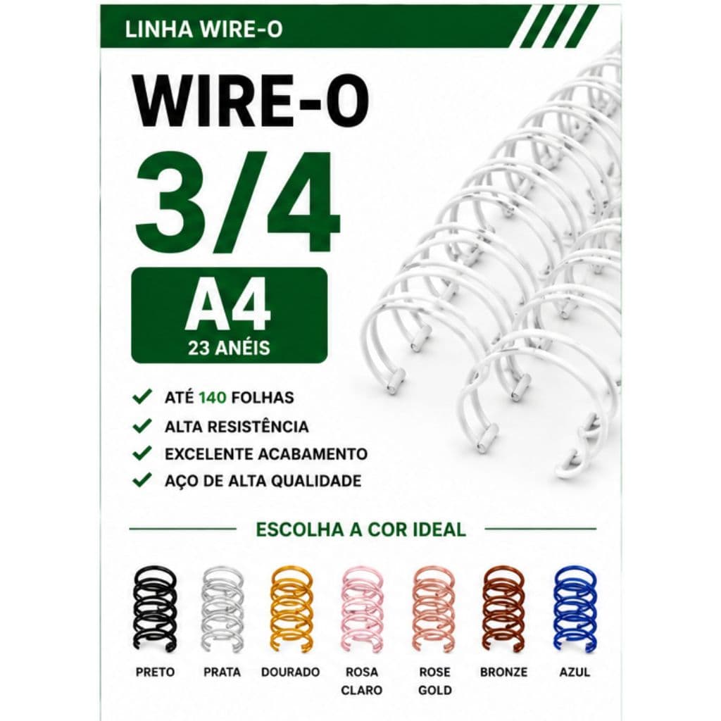 WIRE-O P/ ENCADERNAÇÃO 2X1 A4 3/4"P/ 140 FLS BRANCO,PRETO,PRATA,ROSE,DOURADO,ROSA CLARO,BRONZE,AZUL