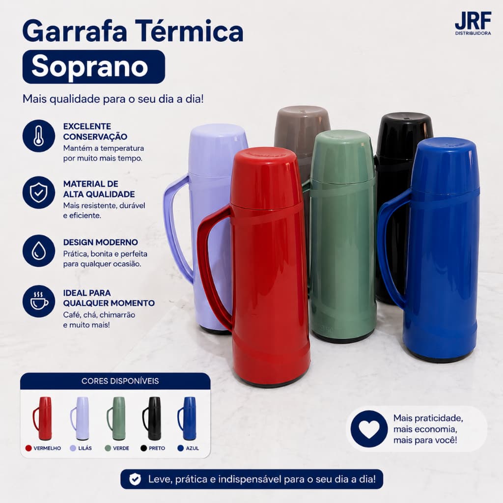 Garrafa Térmica Cristal 1L Soprano com Alça Conserva Café e Chá Quente ou Frio Mesa Cozinha