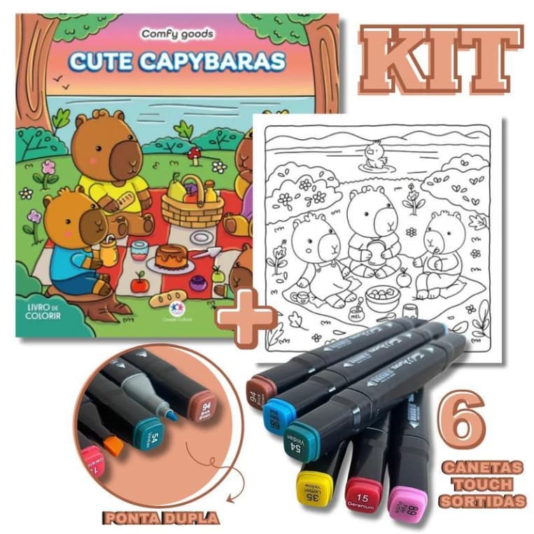 Kit Livro de Colorir Capivara + 6 Canetinhas Coloridas Anti Estresse Presente Kawaii
