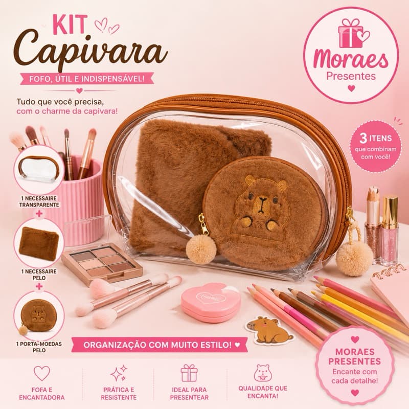 Kit Capivara 3 peças: necessaire transparente, necessaire de pelúcia e porta-moedas. Fofo, prático e resistente!