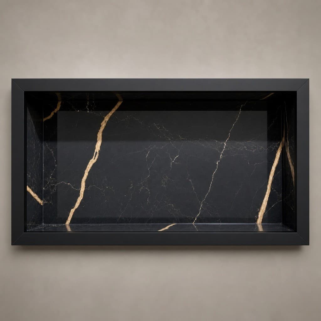 Nicho Prateleira para Banheiro Preto Marmorizado Porcelanato 60x30 Embutido Porta Shampoo Box