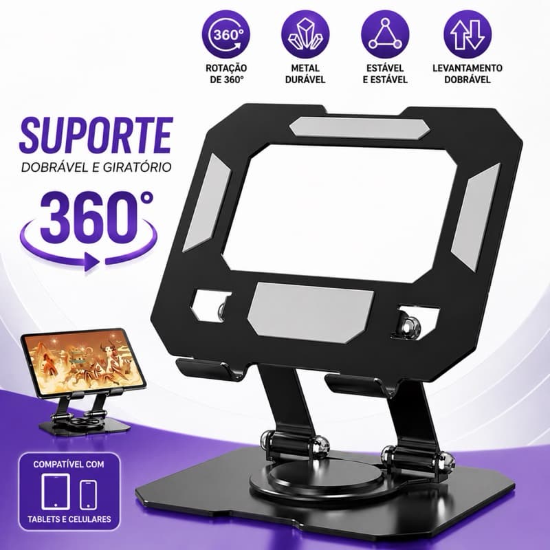 Suporte para iPad Tablet Celular Metálico Dobrável Rotativo 360º