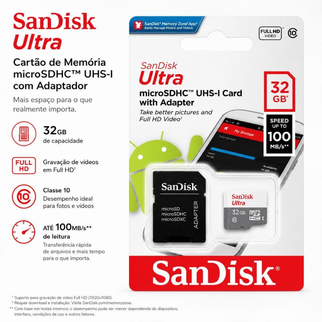 Cartão De Memória Micro SDHC 32GB Classe 10 Com Adaptador Original