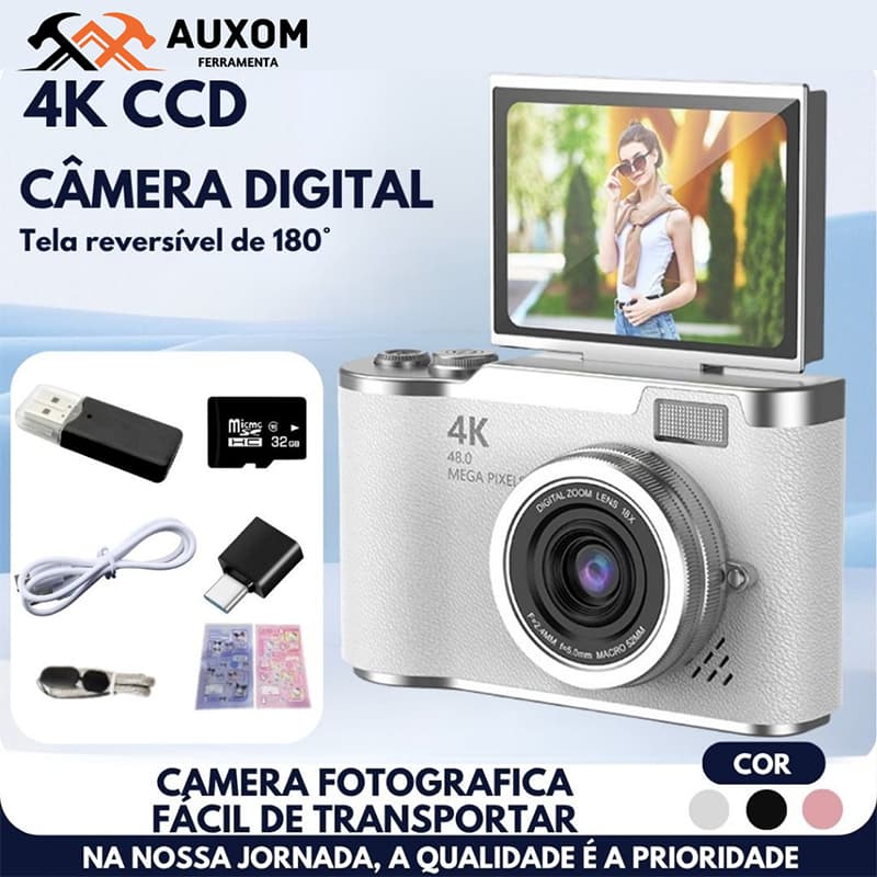 Câmera Digital CCD 48MP com Tela Flip 4K 8X Zoom Presente Estudante Portátil Selfie Vlog