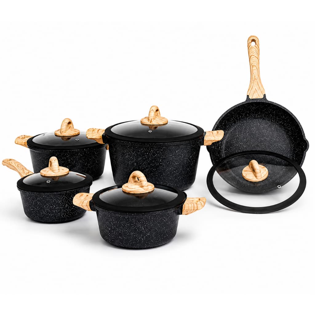 Jogo de Panelas 5 Peças Cerâmica Granito Antiaderente Preto Indução Gás Elétrico Cabo Cor Amadeirado Premium