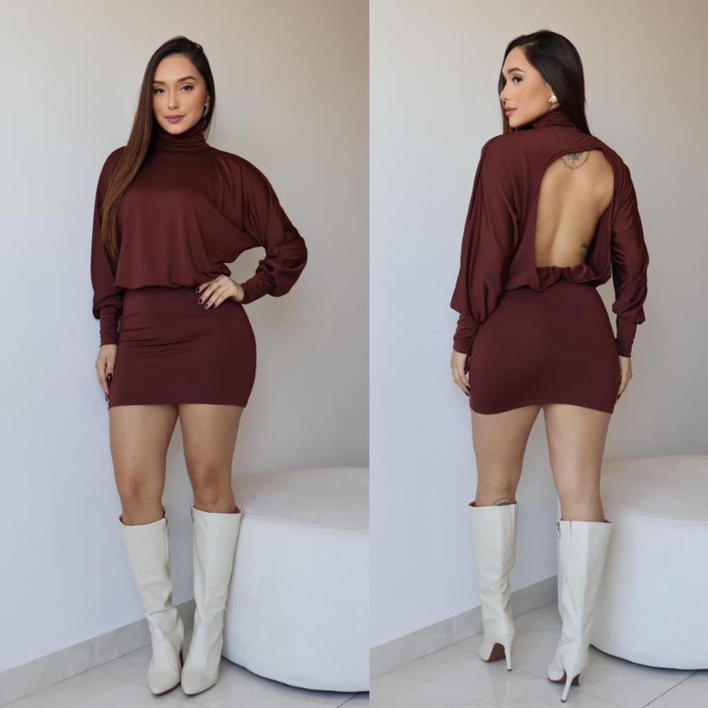 Vestido Suplex Gola Alta Feminino Costas Nuas Manga Morcego Justo Elegante
