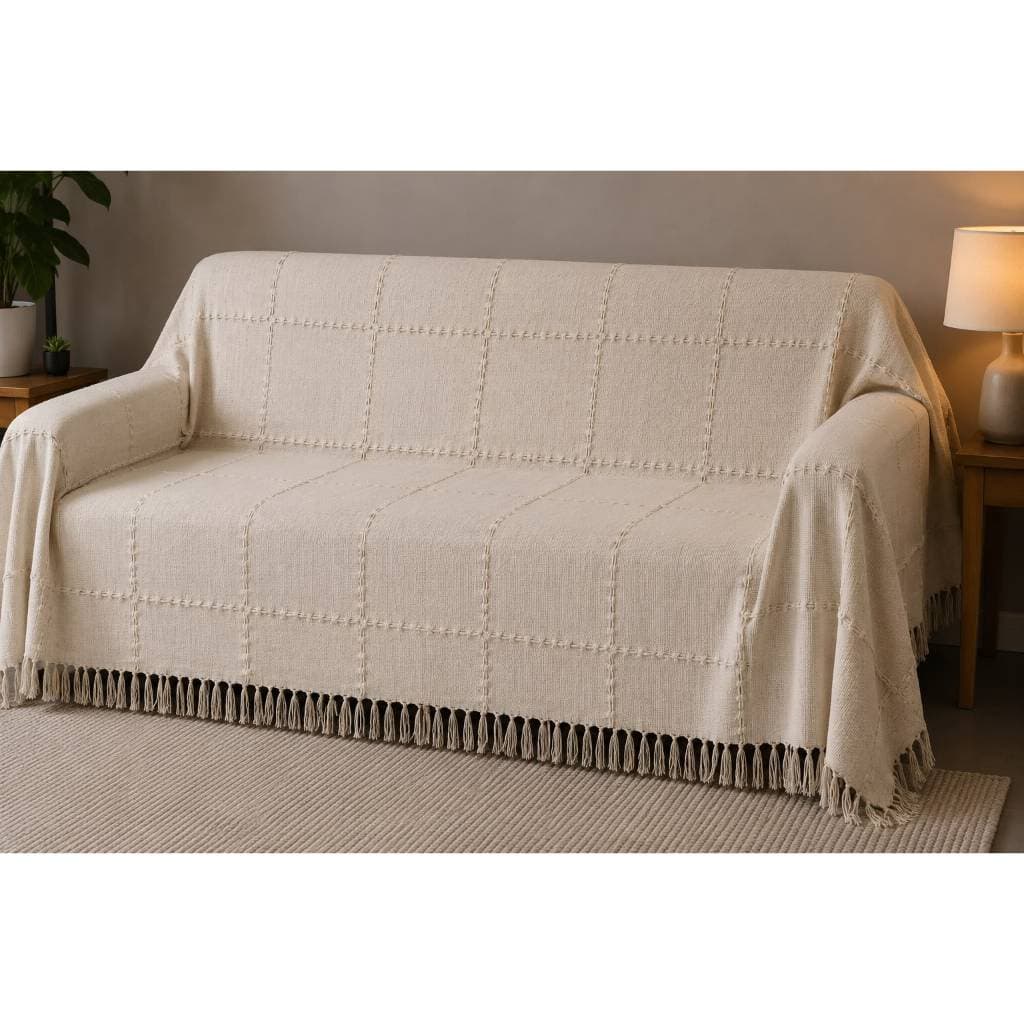 Manta  para Sofá Xale 3 Lugares 2,20mx2,60m Xadrez Bege Cru com Franjas Artesanal Decorativa Premium