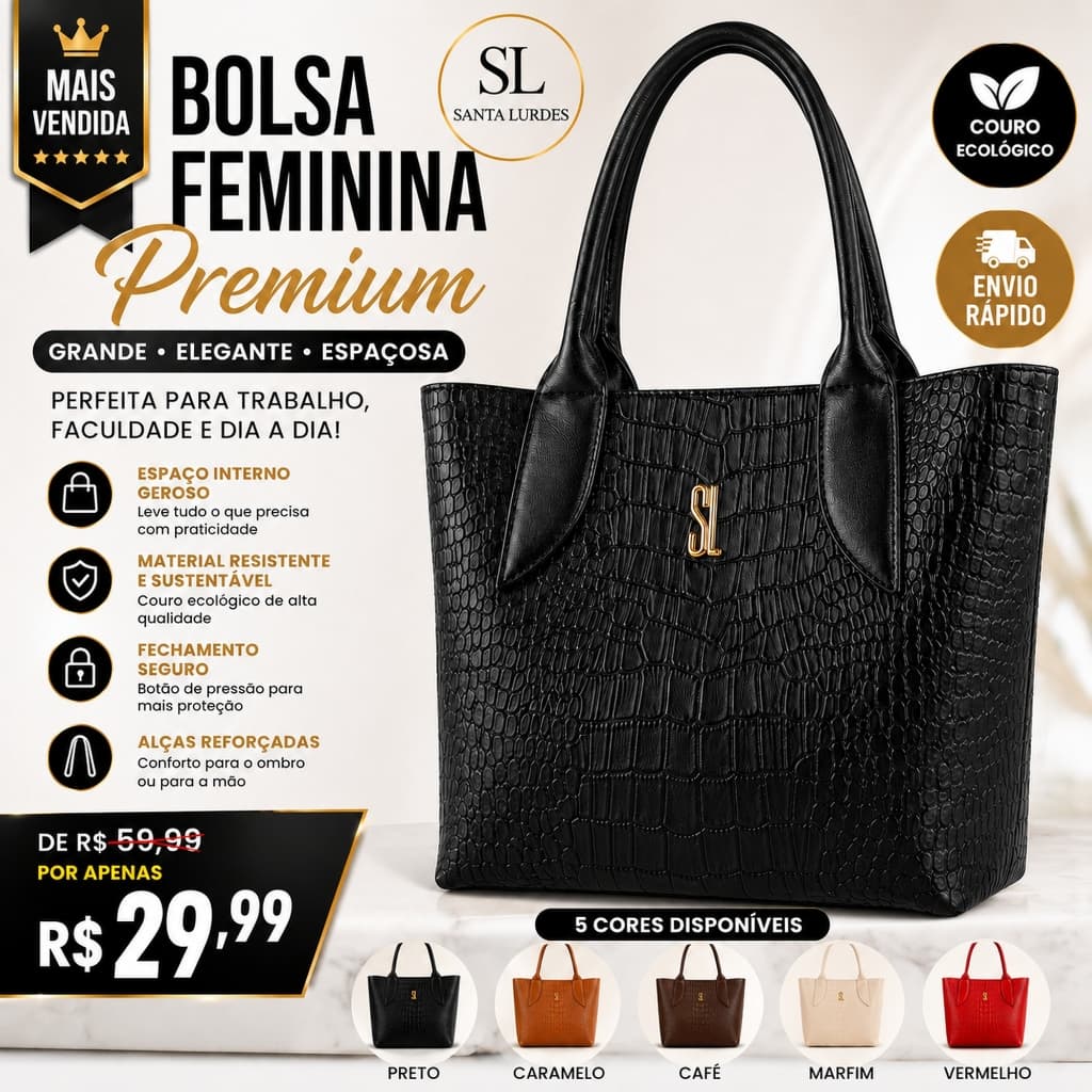 Bolsa Feminina Sacola Media Croco SL Alca dupla de Ombro para Faculdade Trabalho Dia Dia Tendencia 2026