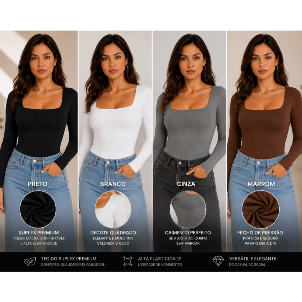 Body Feminino Manga Longa Suplex Premium Gola Quadrada Elegante Básico Casual Moda Feminina