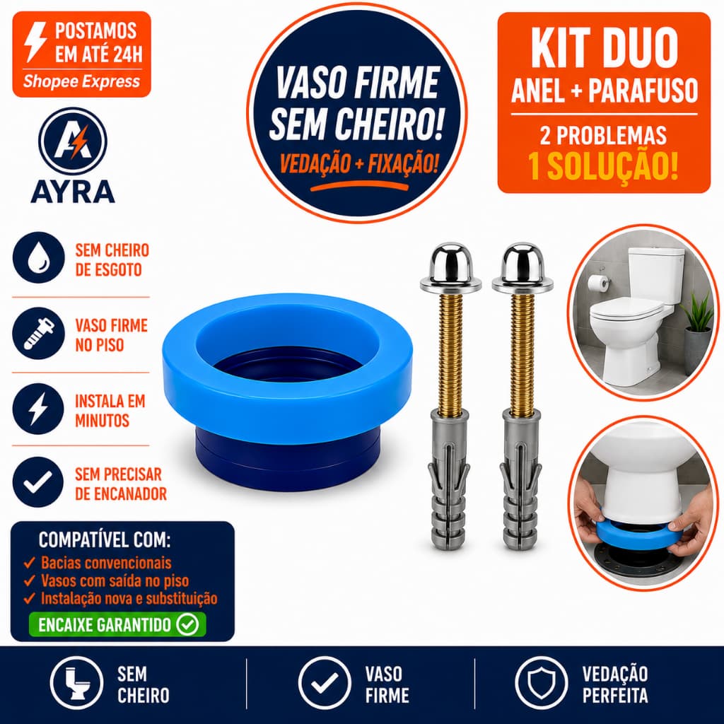 Kit Anel Vedação Bacia Sanitária +  Parafuso Fixação Vaso Sem Cheiro  Vazamento Firme Banheiro