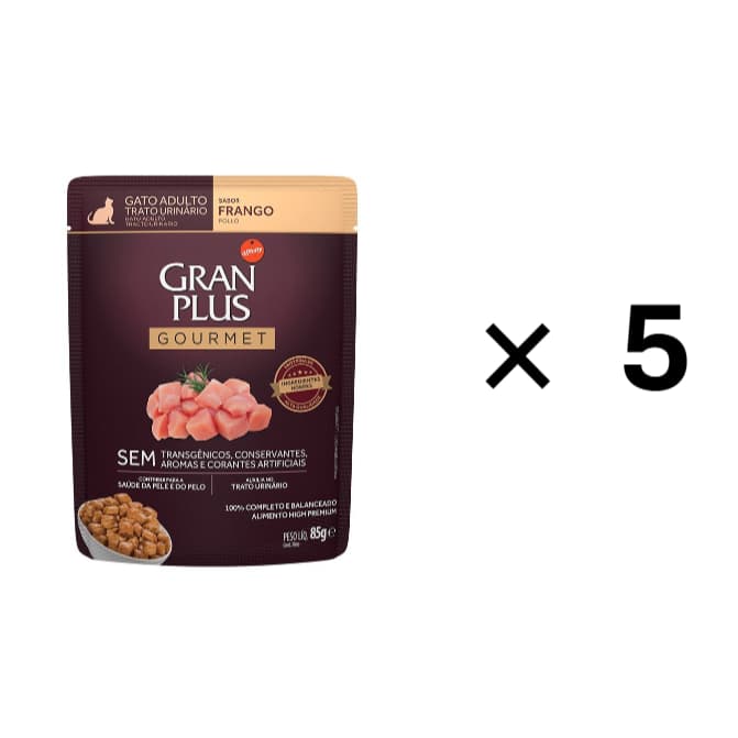 KIT 5 UN Ração Úmida Sachê GranPlus Gourmet Gatos Adultos Trato Urinário frango 85g
