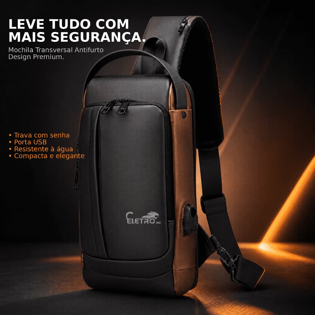 Mochila Transversal Antifurto com Trava Senha Porta USB Impermeável Bolsa Ombro Viagem Masculina