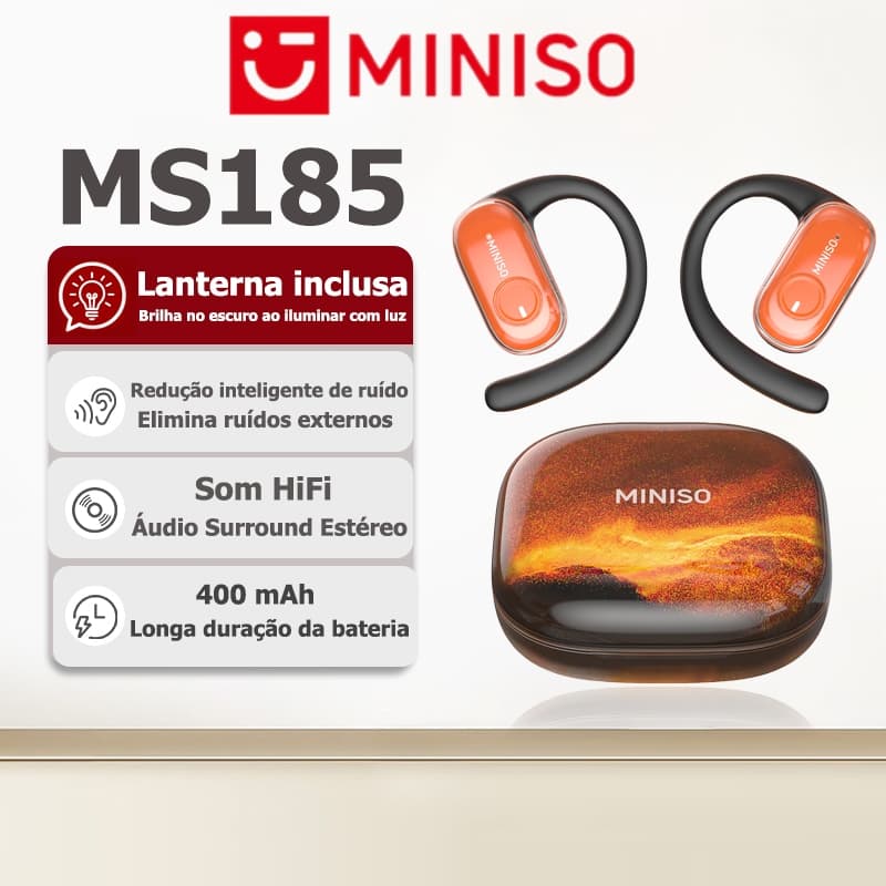 Fone Bluetooth MINISO MS185 com efeito luminoso de areia movediça, som HiFi, fone sem fio e cancelamento de ruído inteli