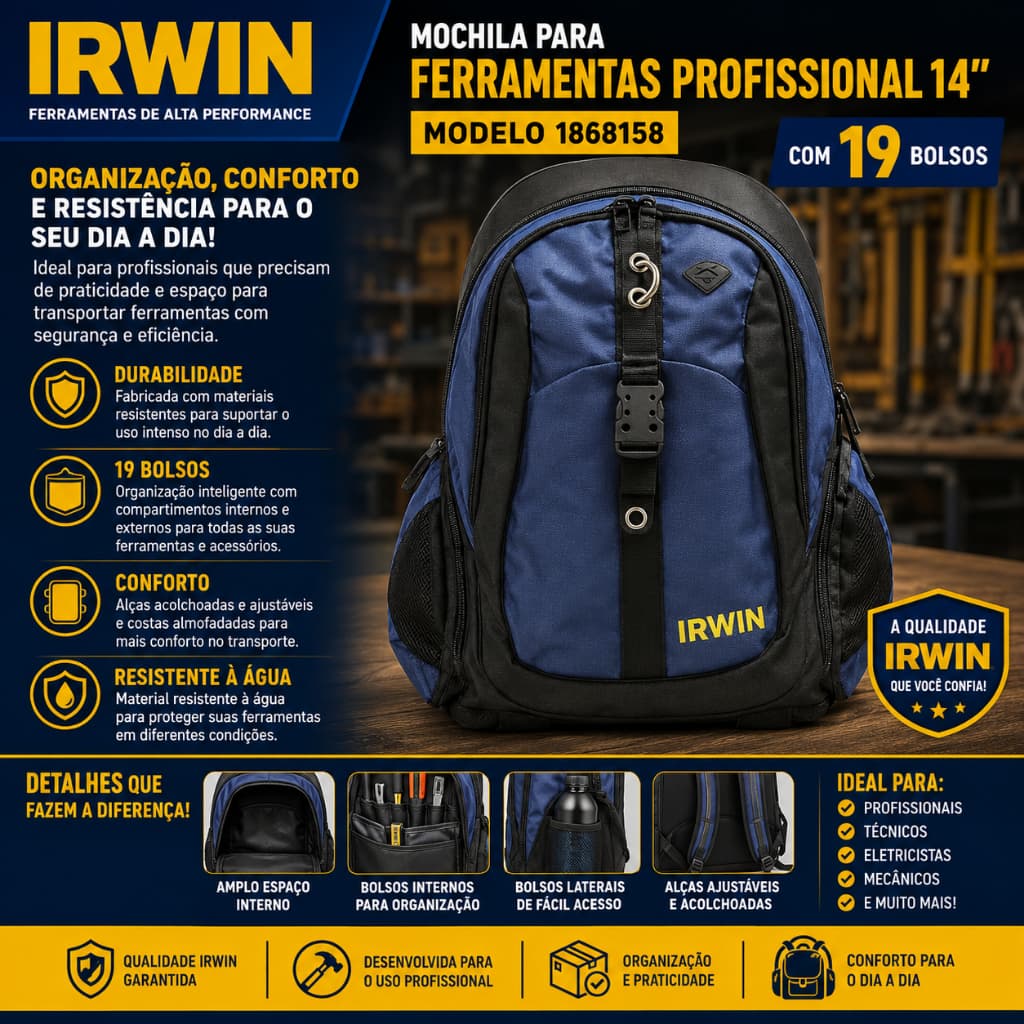 Mochila Para Ferramentas Profissional 14  Irwin Com 19 Bolsos Modelo 1868158 Azul