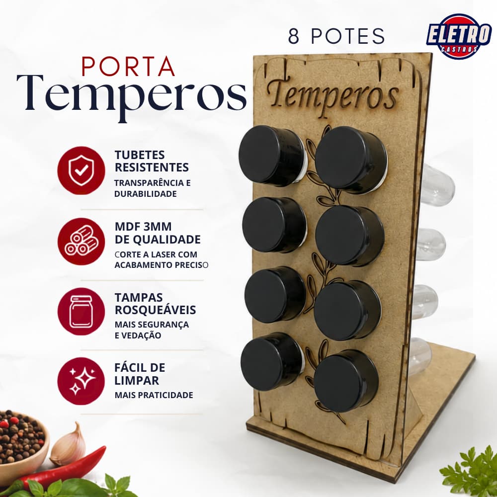 Porta Temperos MDF com 8 Tubetes Organizador de Condimentos para Cozinha