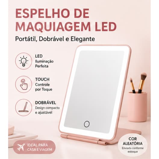 Espelho de Maquiagem LED Portátil Dobrável com Luz Touch Recarregável Mesa e Viagem