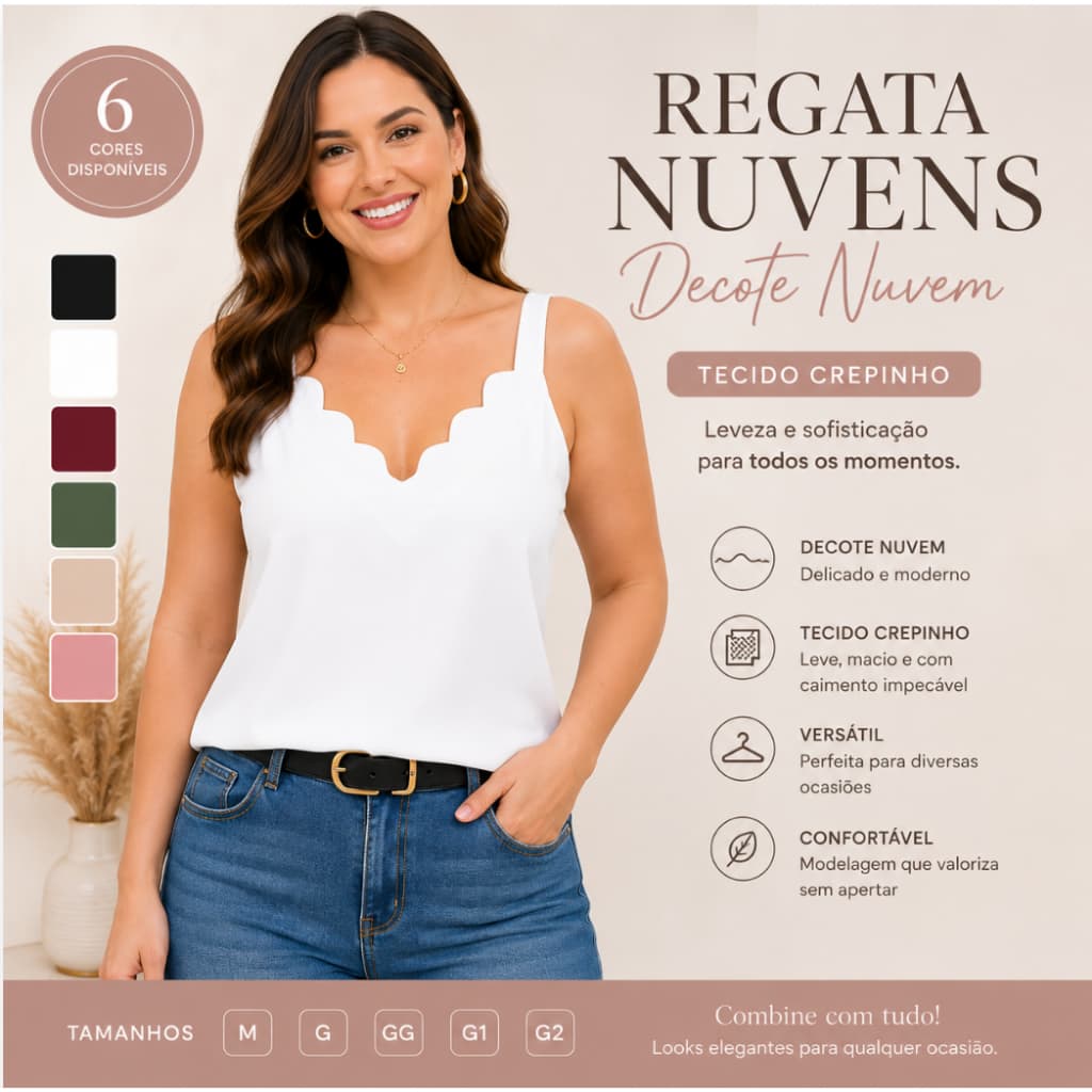 Regata Feminina Social Decote Nuvem Tecido Duna