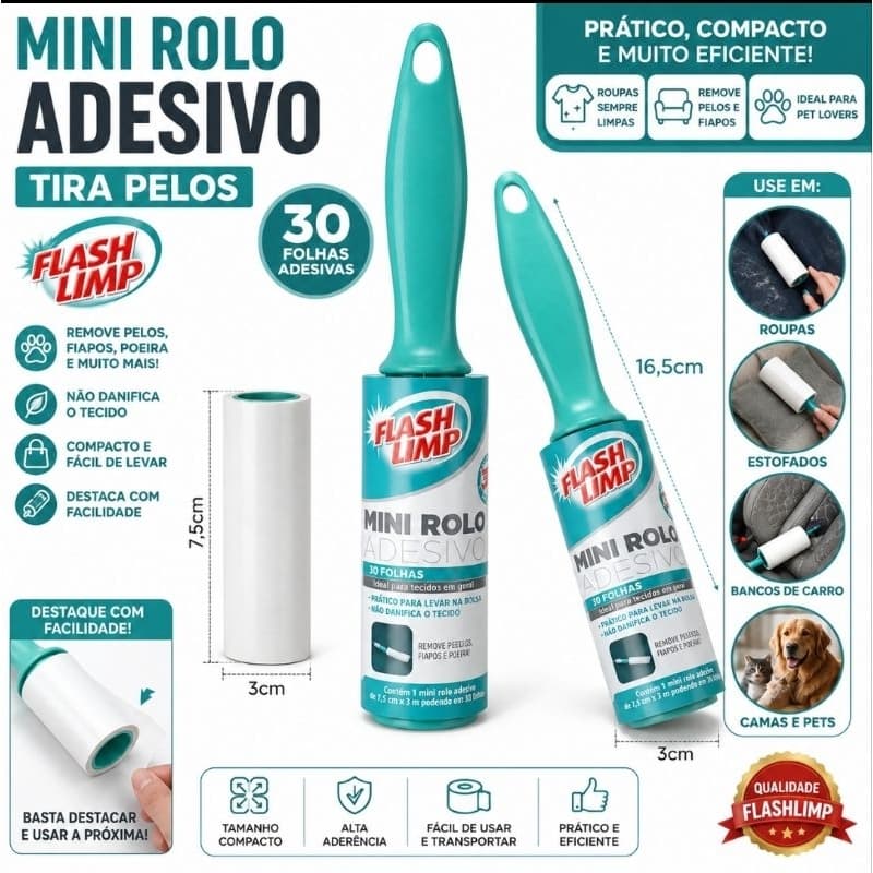 Mini Rolo Adesivo Tira Pelos Flash Limp 30 Folhas | Remove Pelos, Fiapos e Poeira | Portátil para Roupas, Sofá e Carro